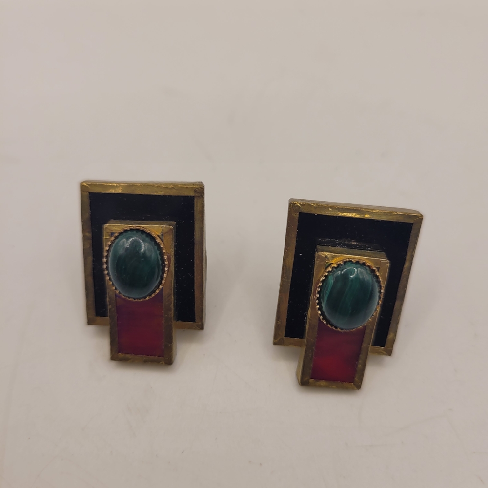 Vintage Geometric Earrings with Red and Green Accents